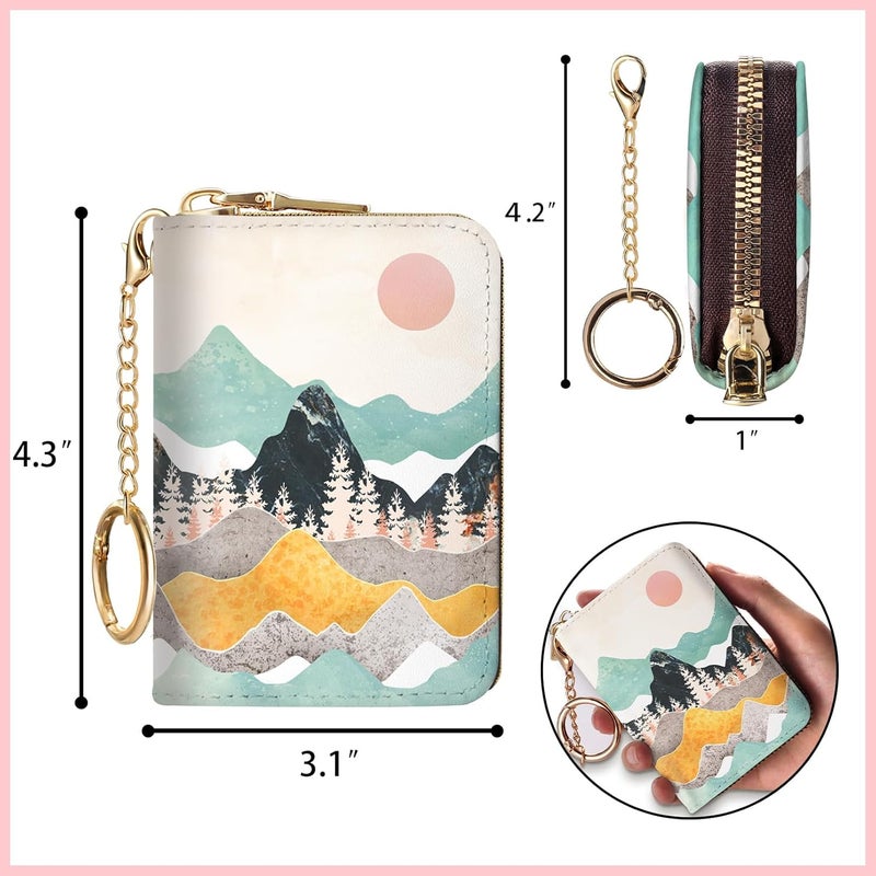 Blusabaca RFID Credit Card Holder Wallets for Women, Sunset Sunrise Mountain Small Card Case Wallet with Keychain and Zipper, Leather Card Holder Pocket Business Card Accordion Wallet - Image 4